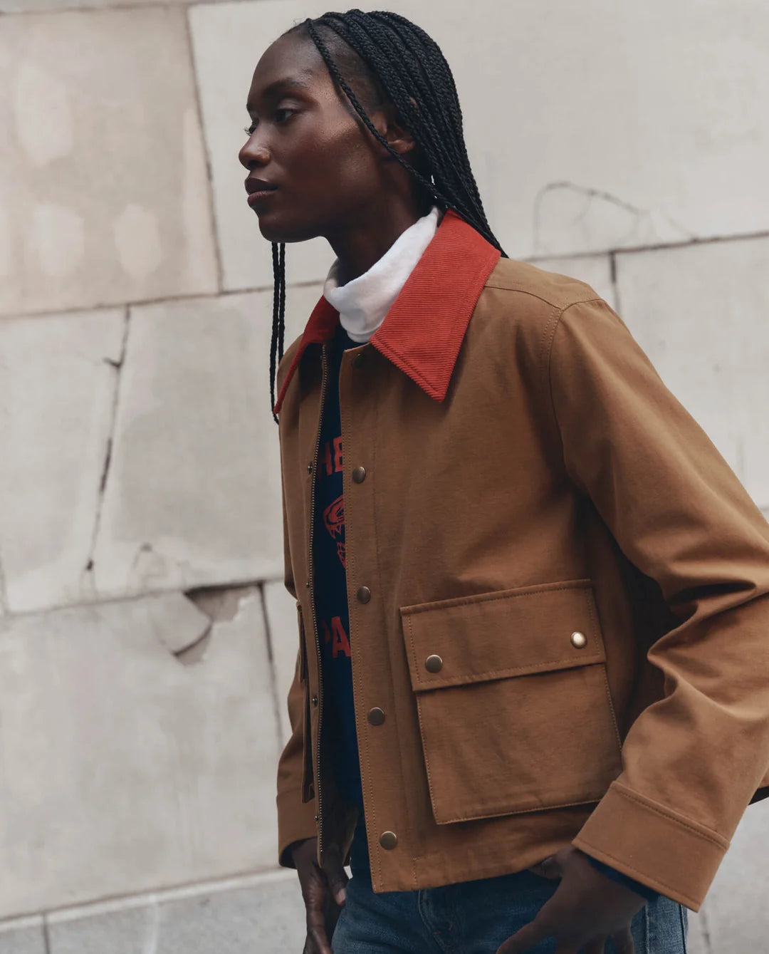 The Great. The Swingy Jacket in Rust with Bright Red
