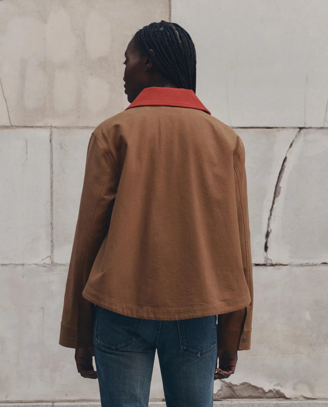 The Great. The Swingy Jacket in Rust with Bright Red