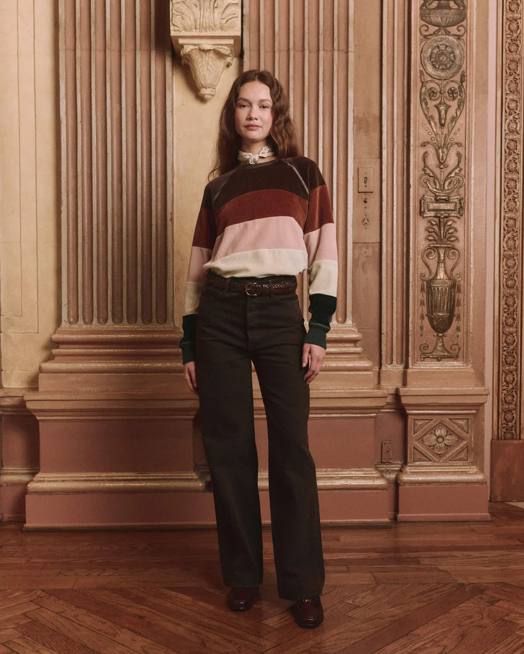 The Great. The Pieced Stripe Velour College Sweatshirt