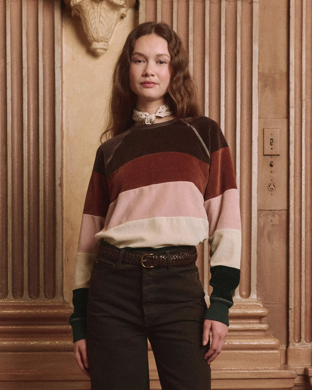 The Great. The Pieced Stripe Velour College Sweatshirt