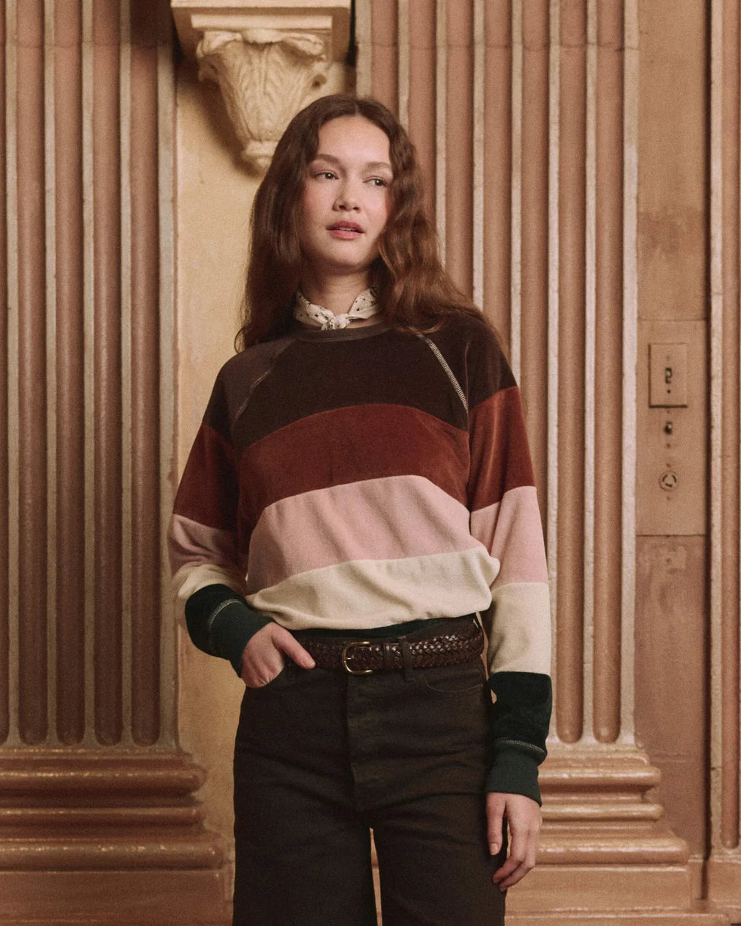 The Great. The Pieced Stripe Velour College Sweatshirt