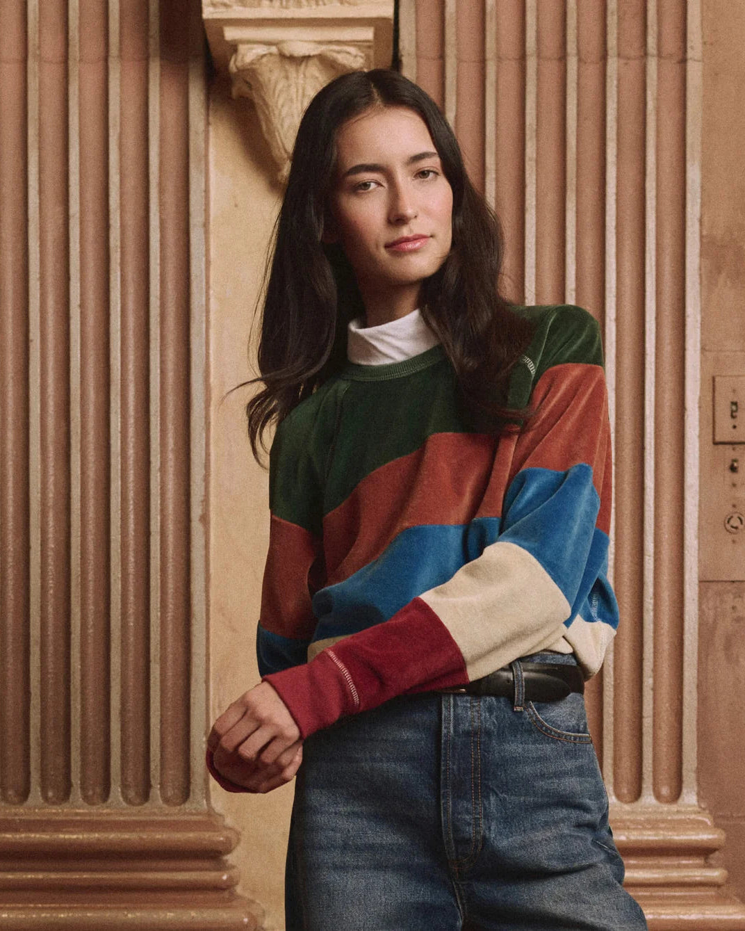The Great. The Pieced Stripe Velour College Sweatshirt