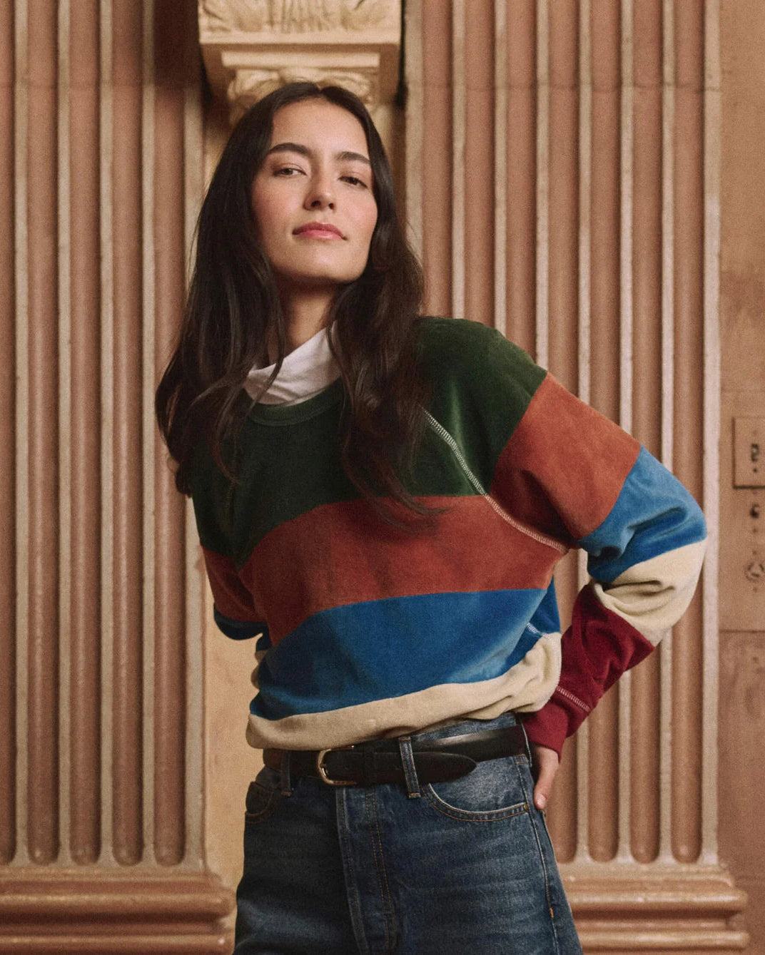 The Great. The Pieced Stripe Velour College Sweatshirt