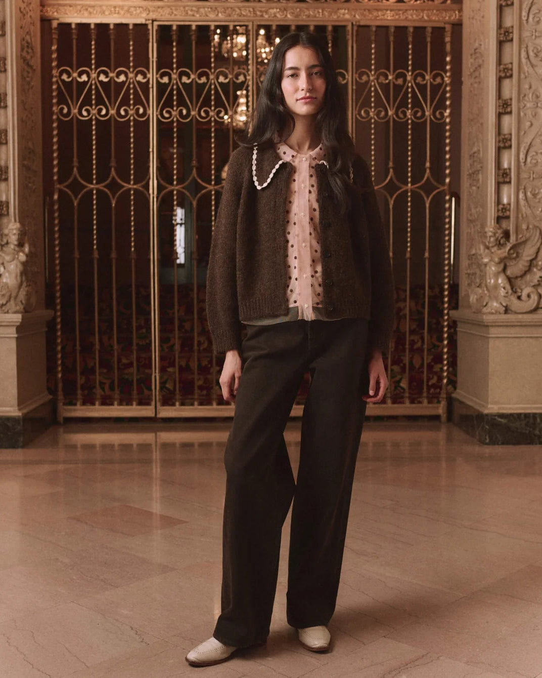 The Great. The Crochet Collar Cardigan in Chocolate Brown