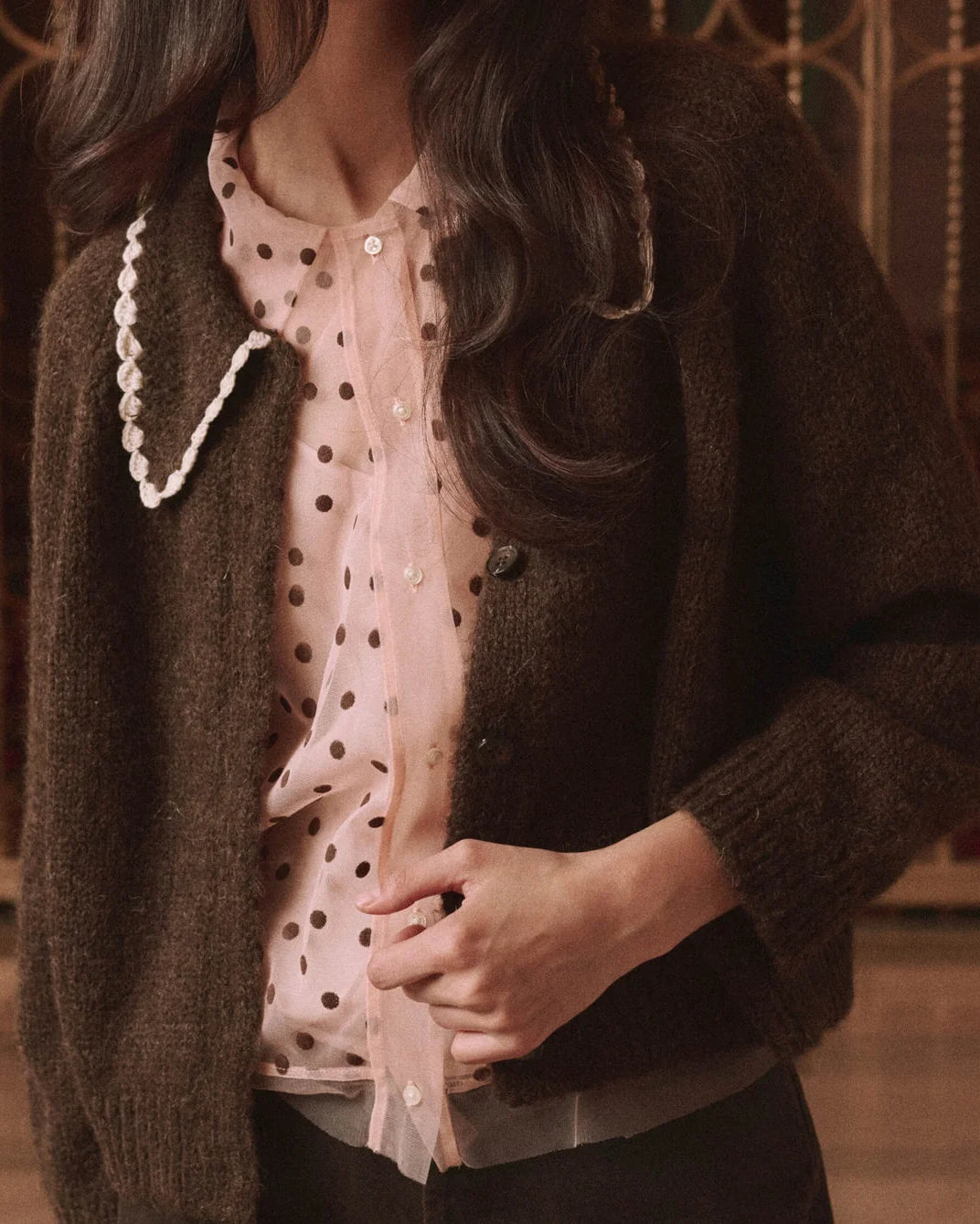 The Great. The Crochet Collar Cardigan in Chocolate Brown