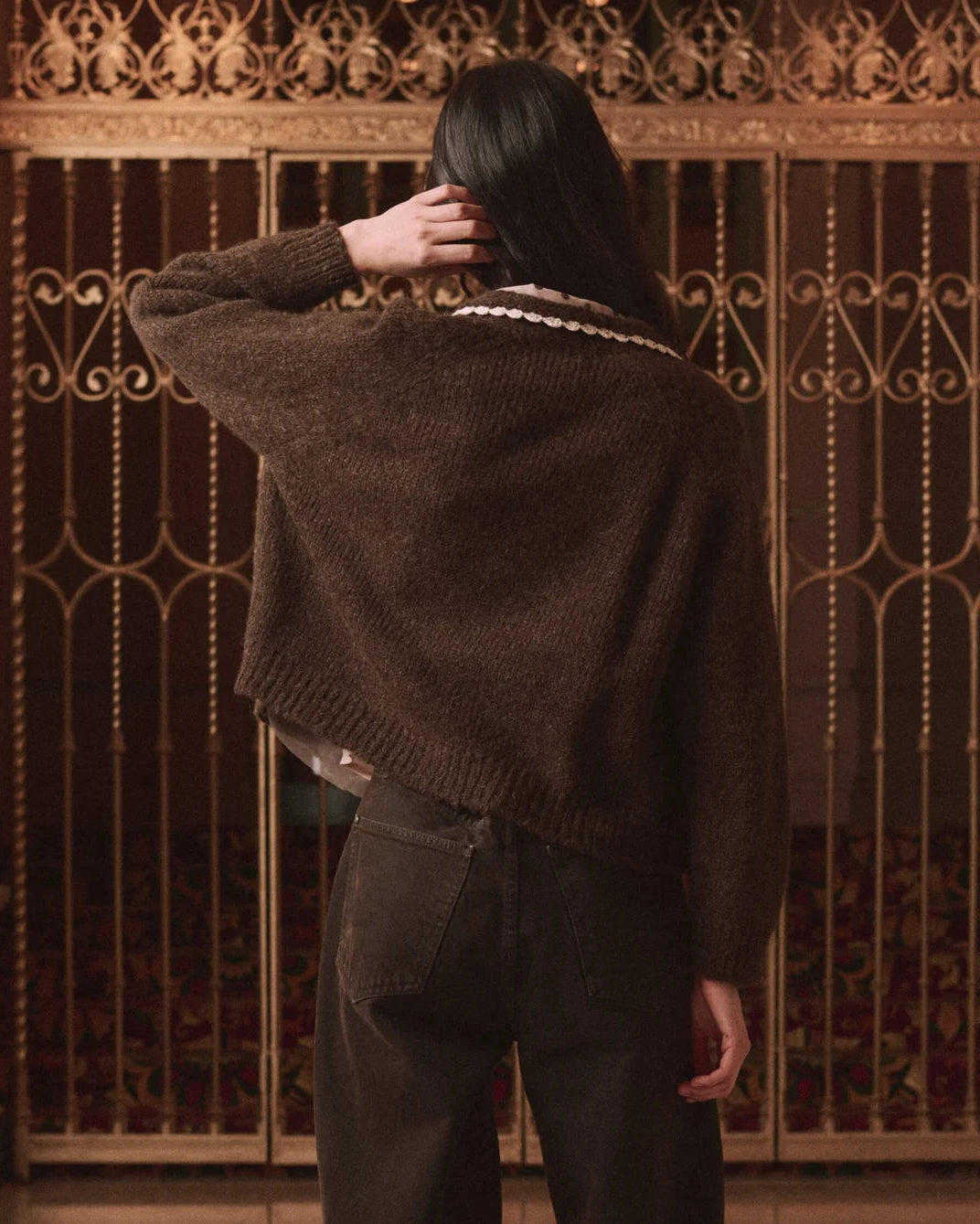 The Great. The Crochet Collar Cardigan in Chocolate Brown