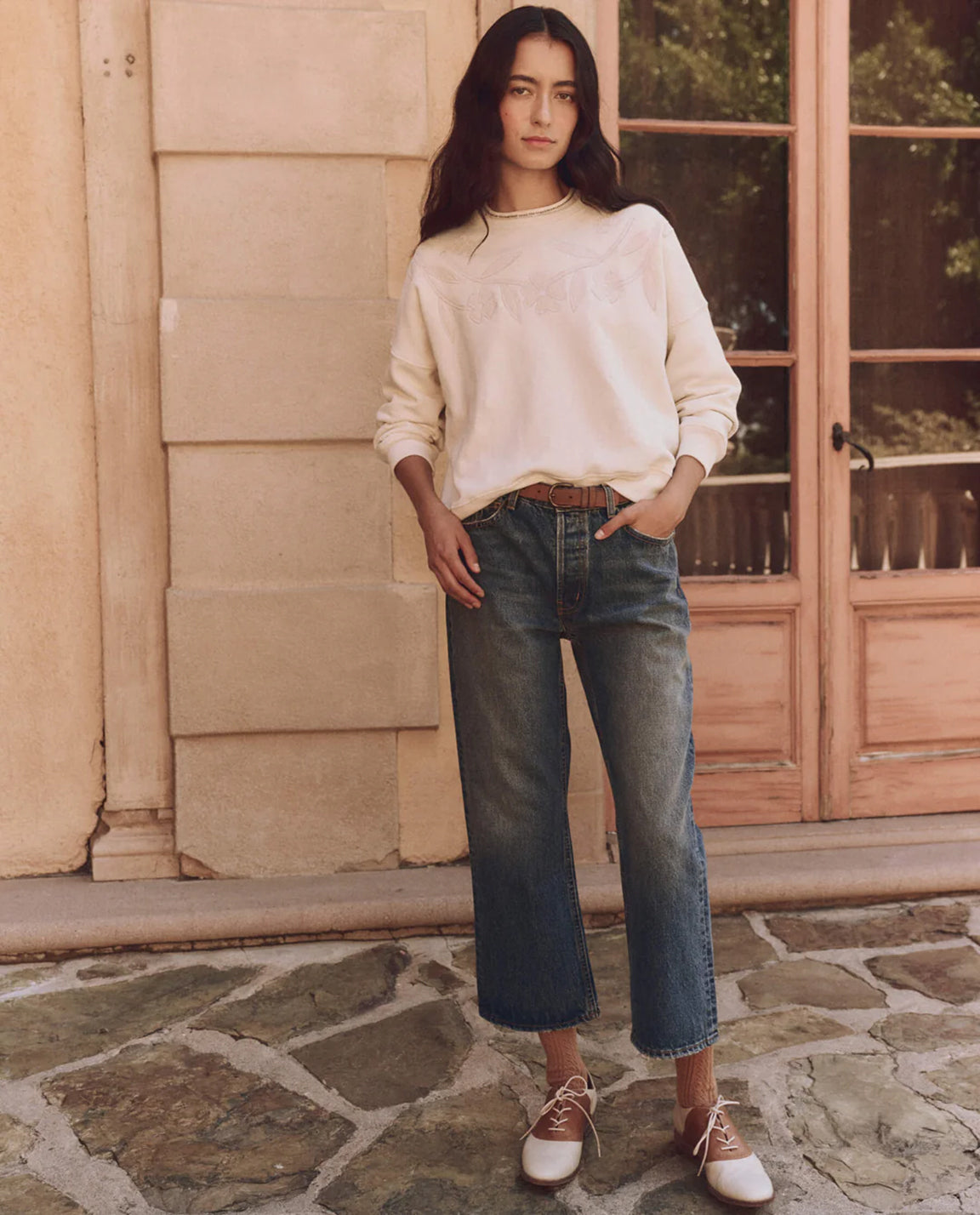 The Great. Floral Applique Teammate Sweatshirt Washed White