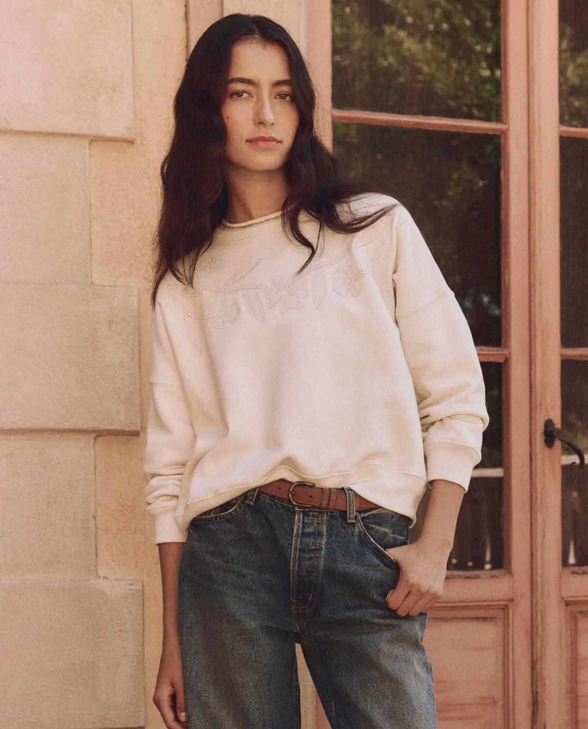 The Great. Floral Applique Teammate Sweatshirt Washed White