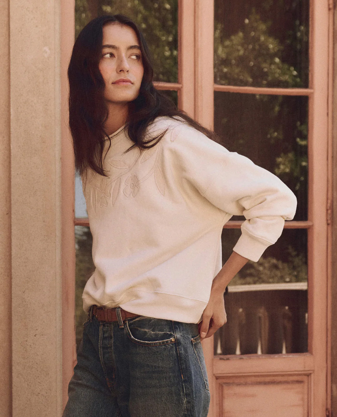 The Great. Floral Applique Teammate Sweatshirt Washed White