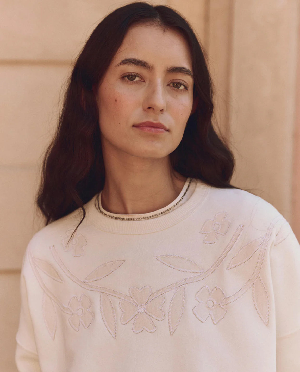 The Great. Floral Applique Teammate Sweatshirt Washed White