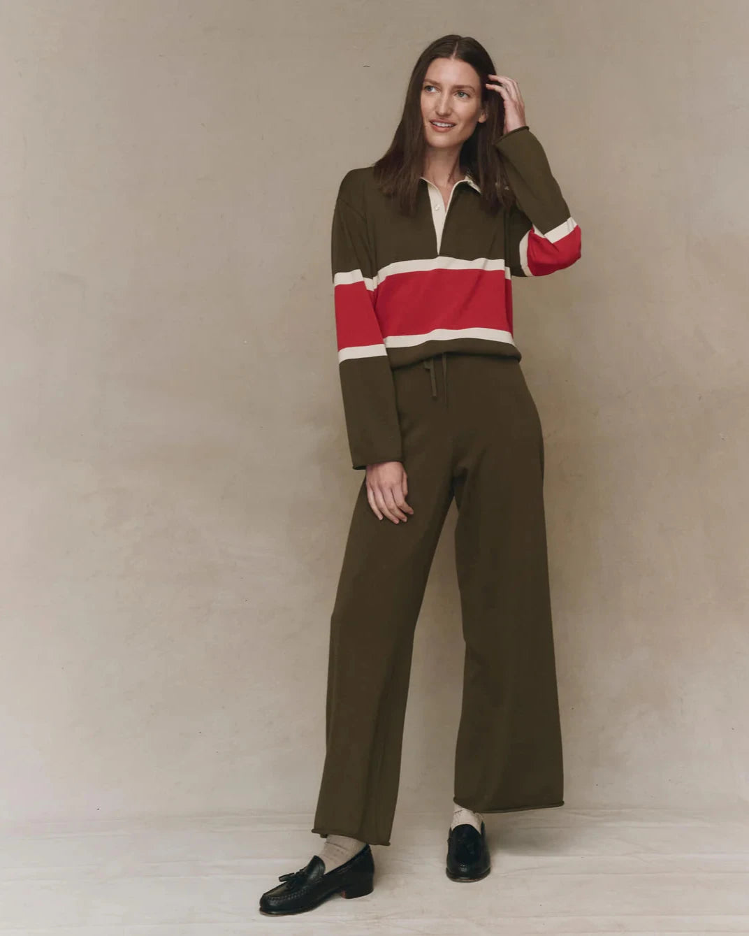 The Great. The Rugby Sweater in Army with Hot Red Stripe