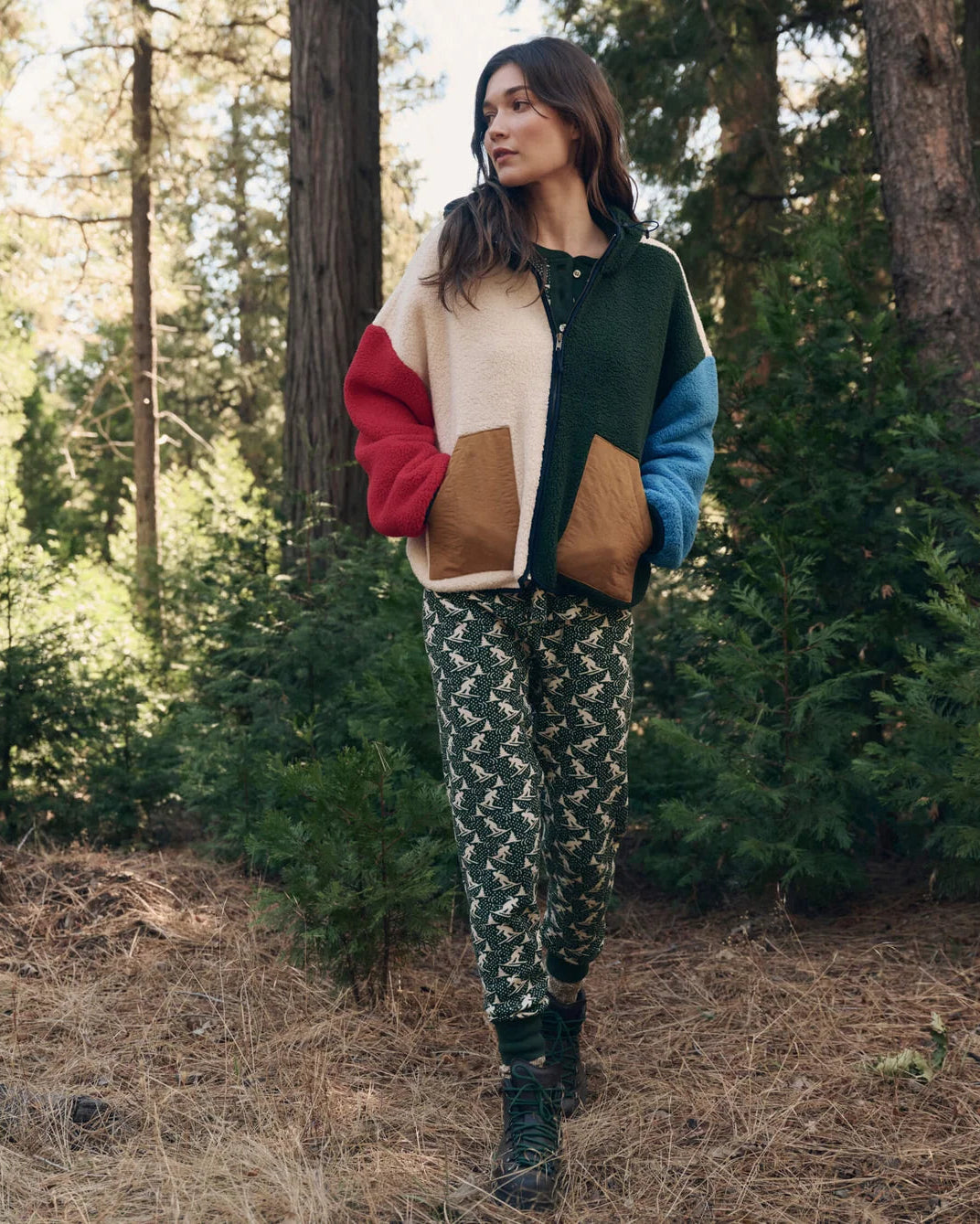 The Great. Plush Horizon Full Zip in Colorblock Pine Multi