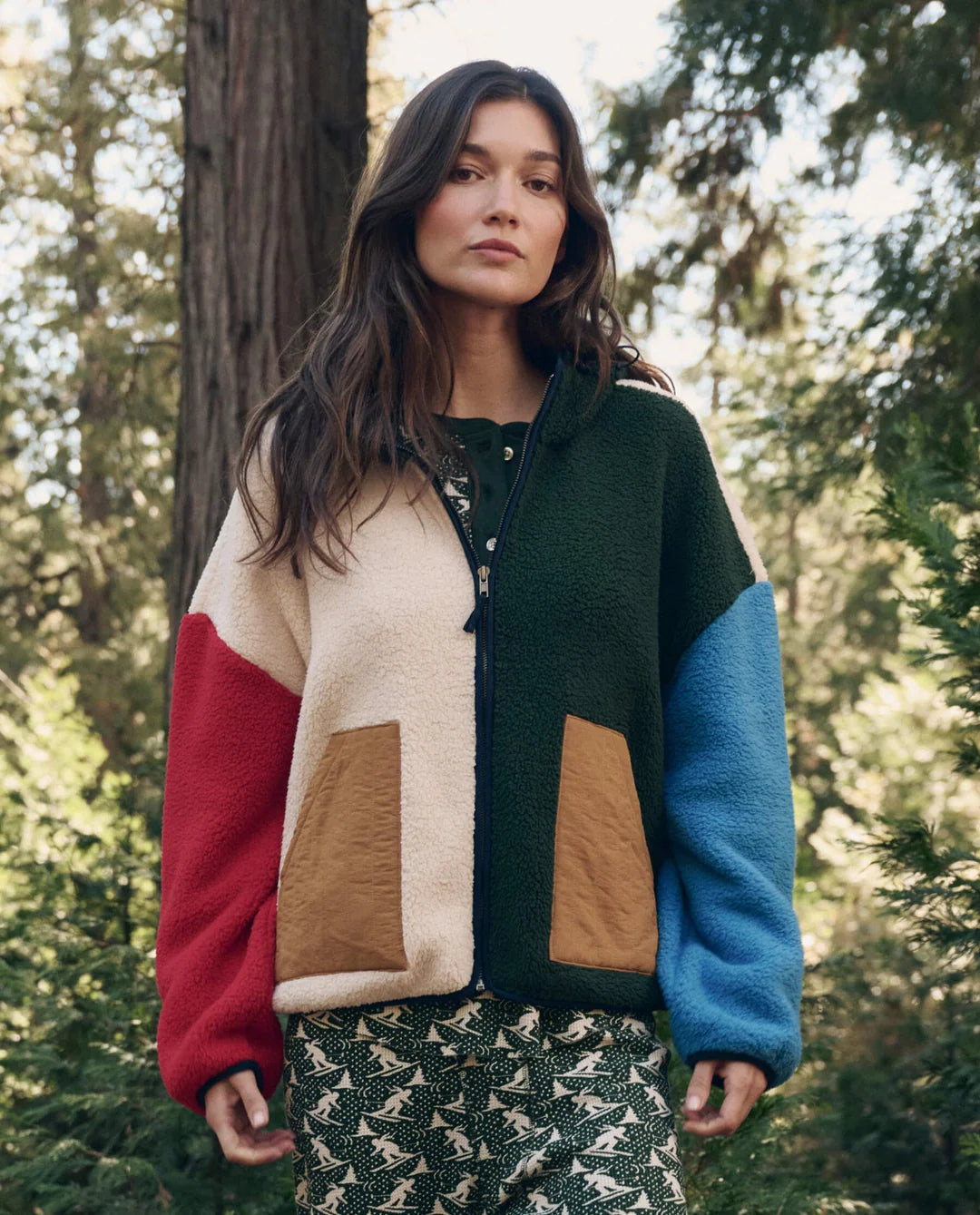 The Great. Plush Horizon Full Zip in Colorblock Pine Multi