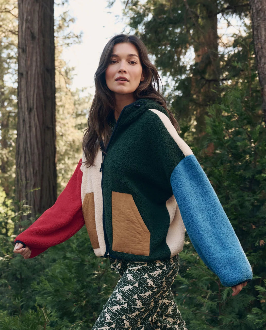 The Great. Plush Horizon Full Zip in Colorblock Pine Multi