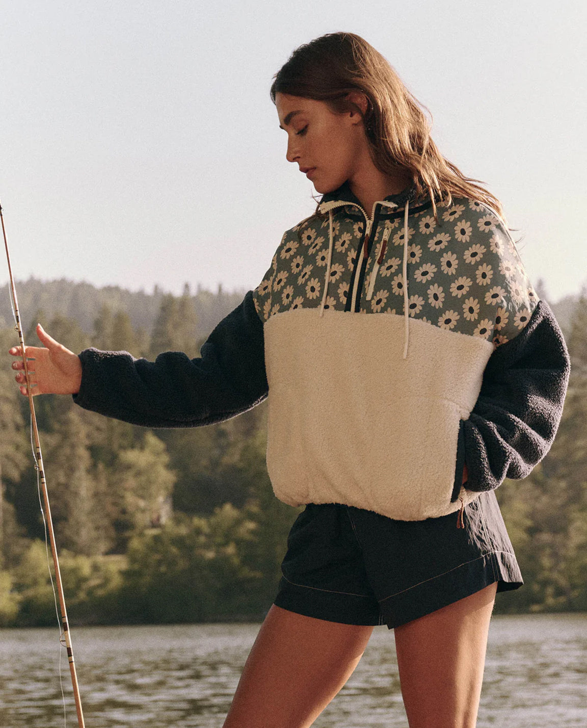 The Great. The Plush Terrain Half-Zip in Falling Daisy Colorblock