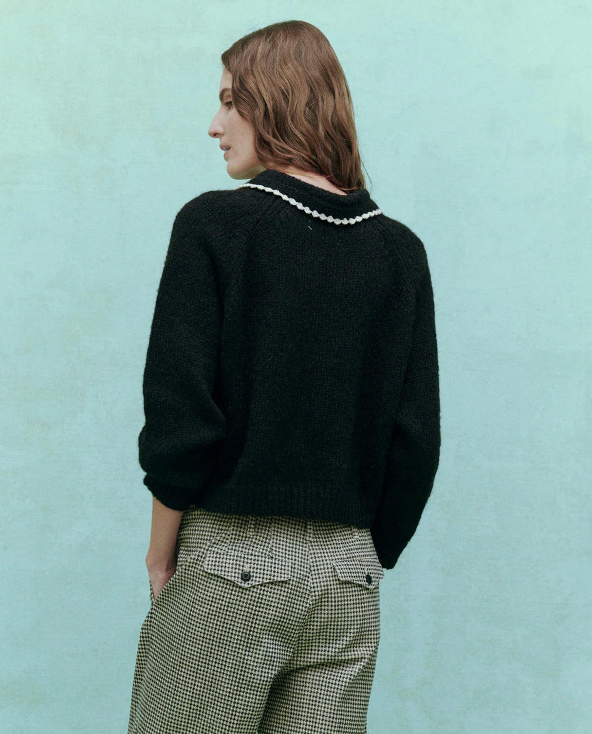 The Great. The Crochet Collar Pullover in Black with Soft White