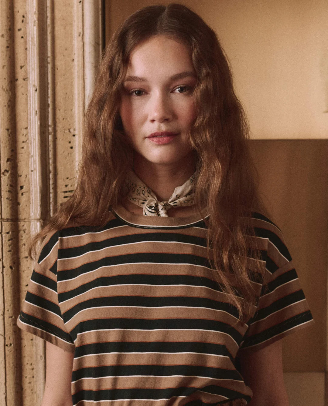 The Great. The Boxy Crew Shirt in Cigar Stripe