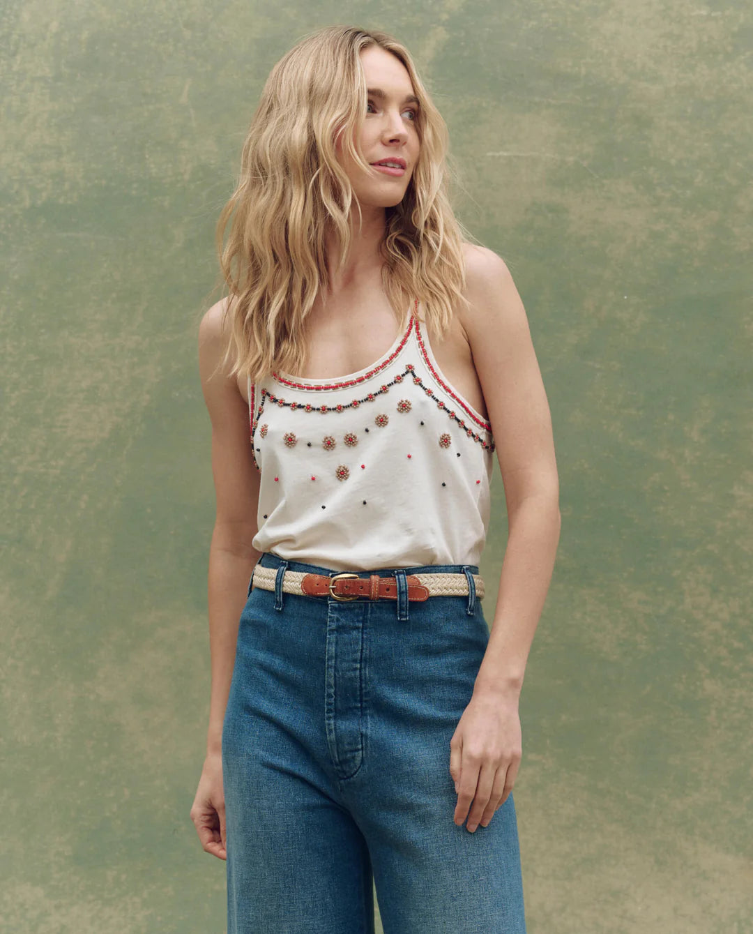 The Great. The Beaded Slim Tank in Washed White