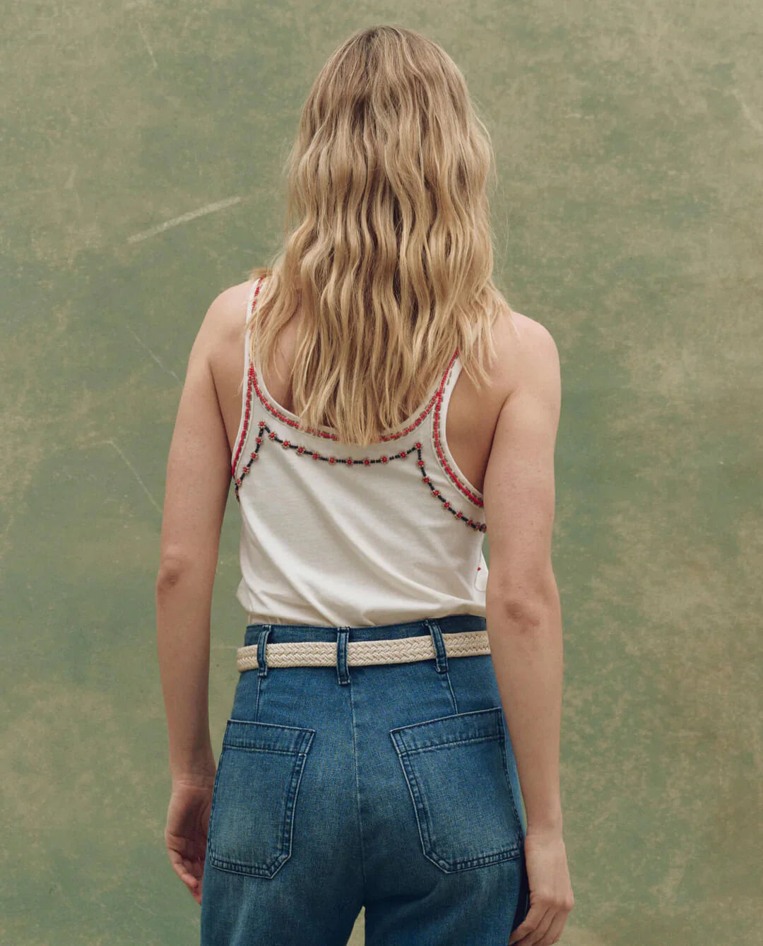 The Great. The Beaded Slim Tank in Washed White