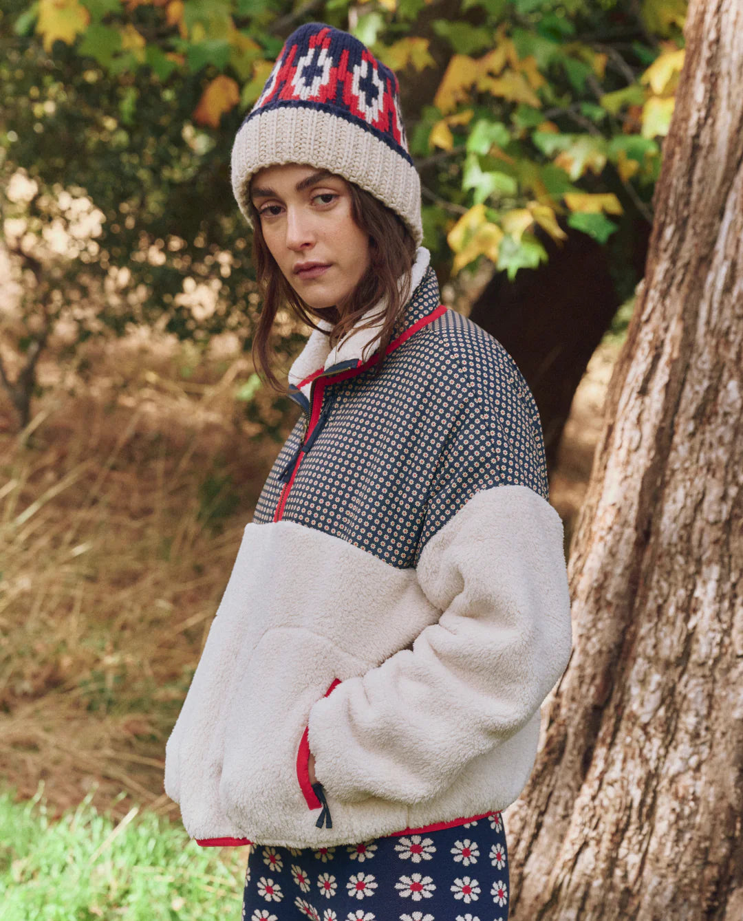 The Great. The Print-Mix Plush Terrain Half-Zip in Mini Frosted Daisy and Cream