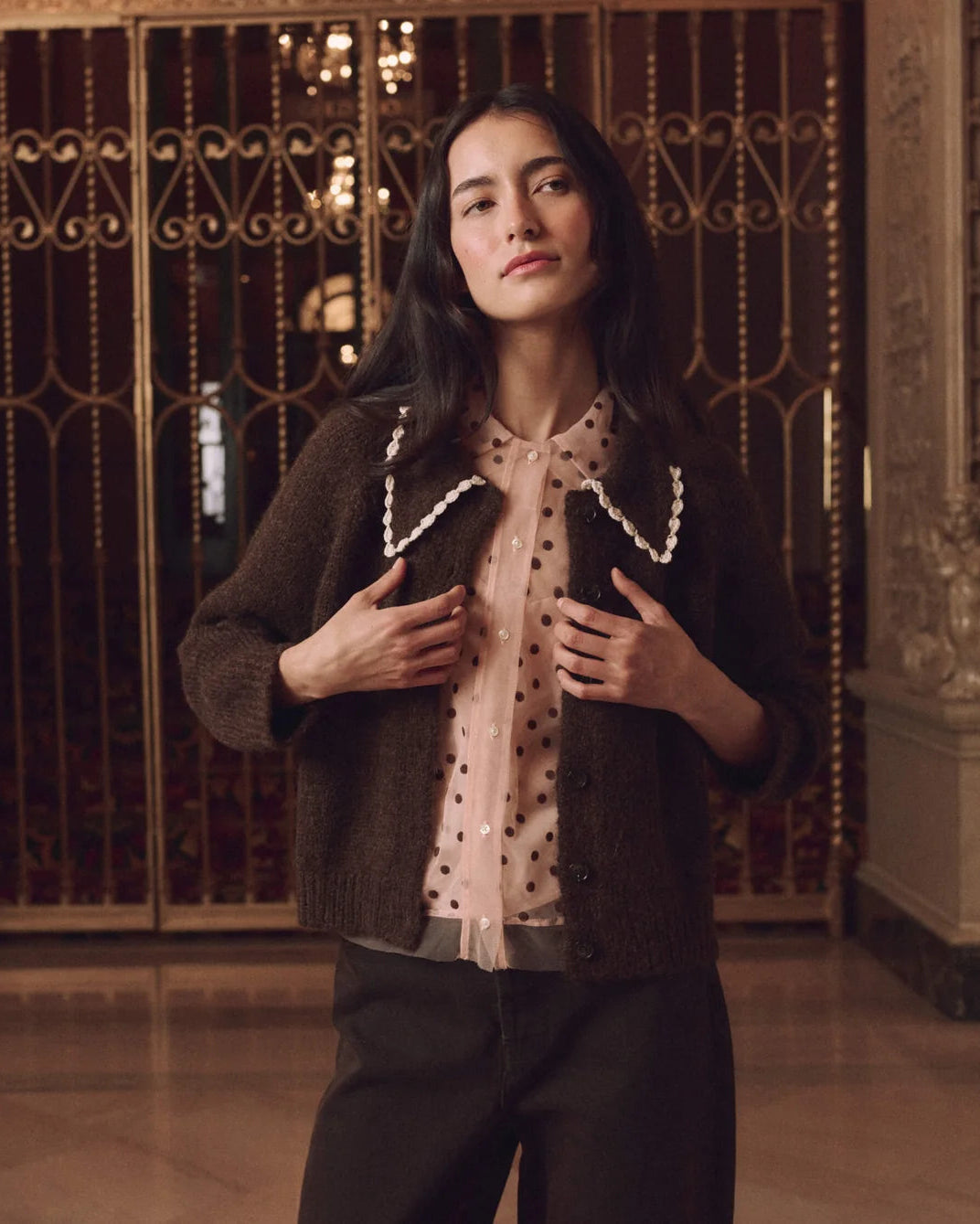 The Great. The Crochet Collar Cardigan in Chocolate Brown