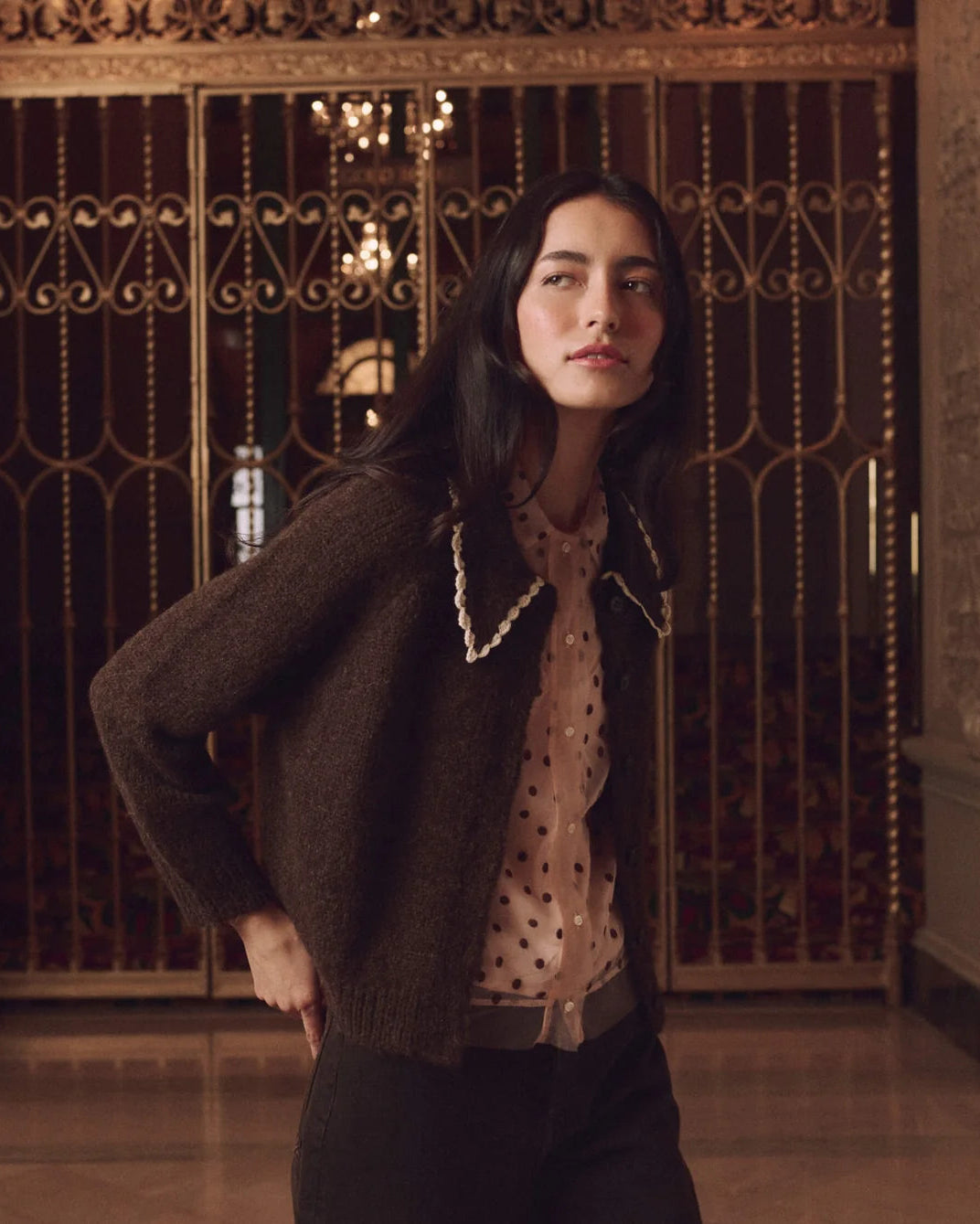 The Great. The Crochet Collar Cardigan in Chocolate Brown