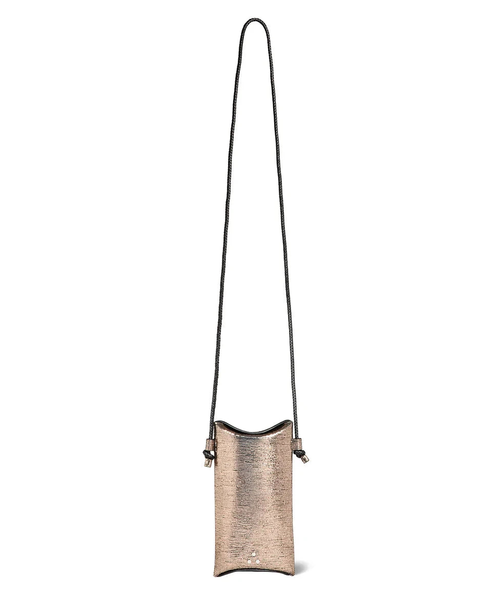 Small metallic handbag with a strap on a white background