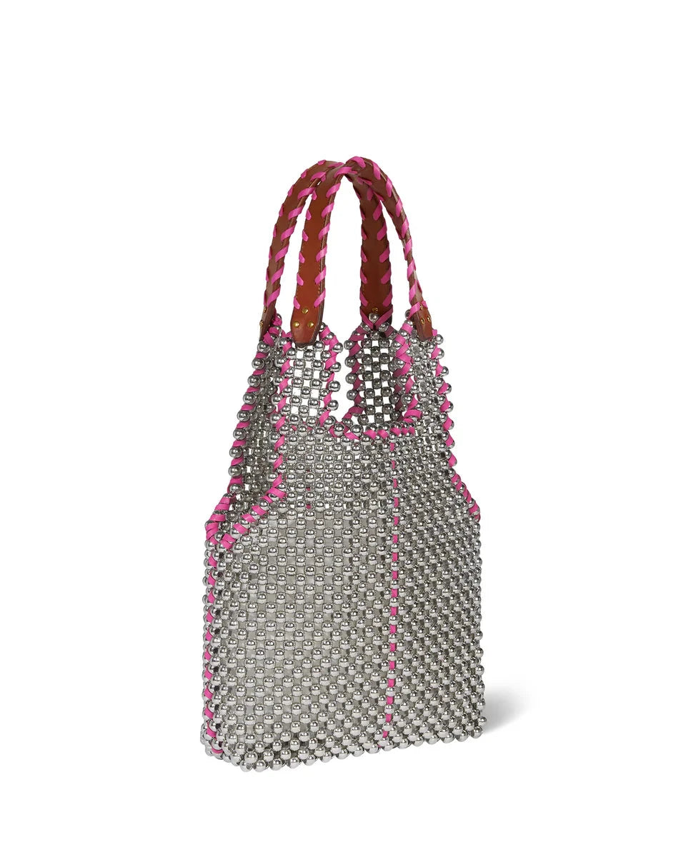 Silver beaded handbag with pink accents on a white background