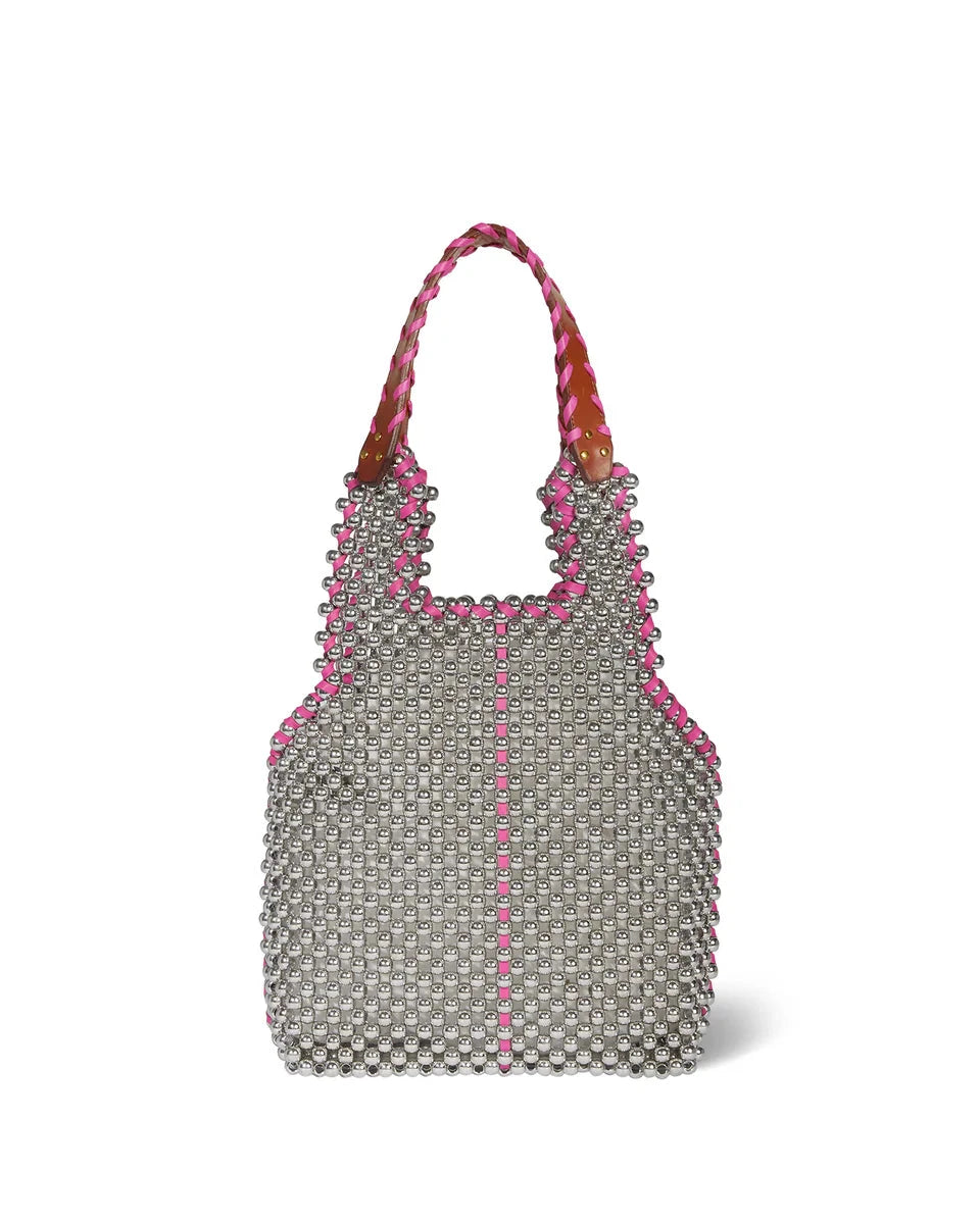 Silver beaded handbag with pink accents on a white background