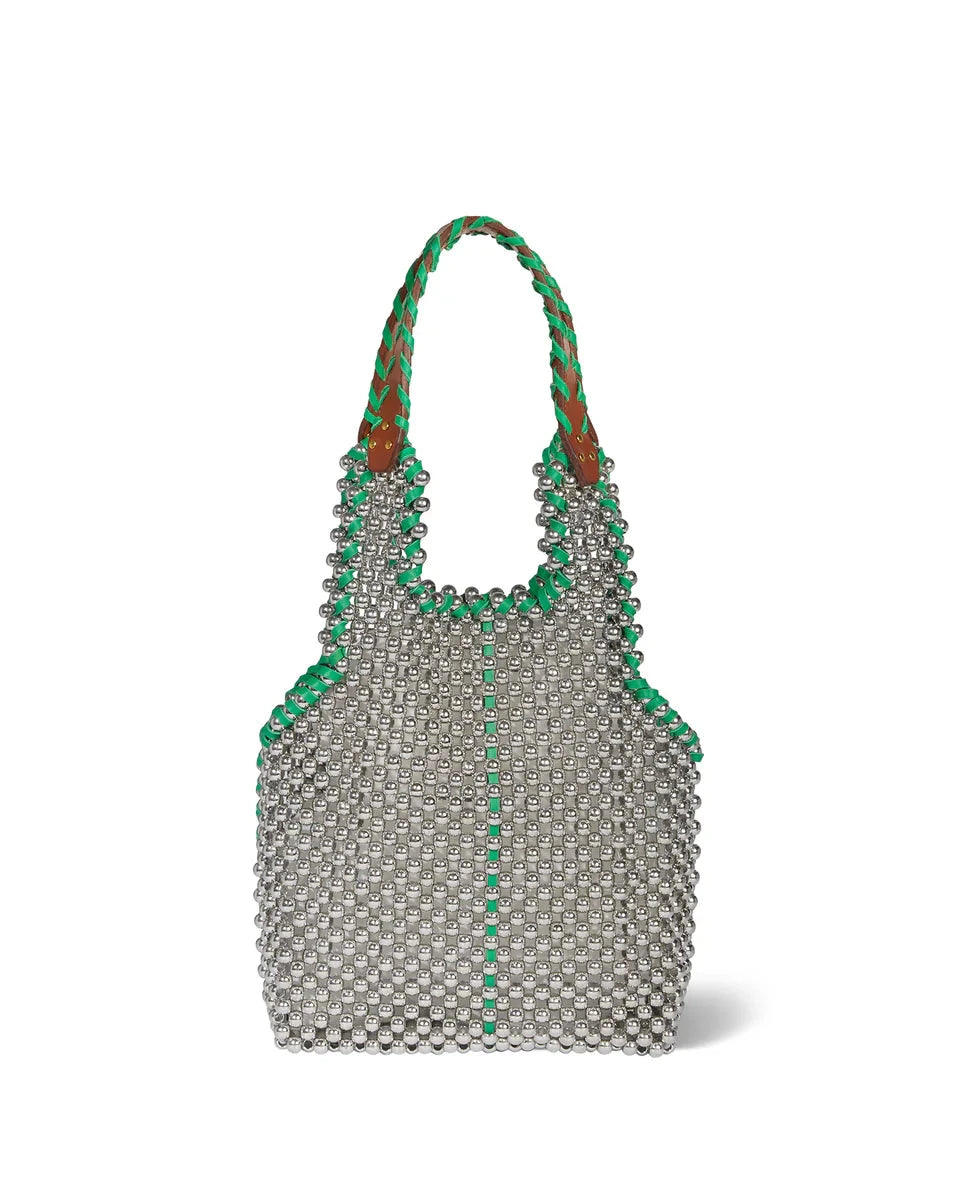 Silver beaded handbag with green accents on a white background