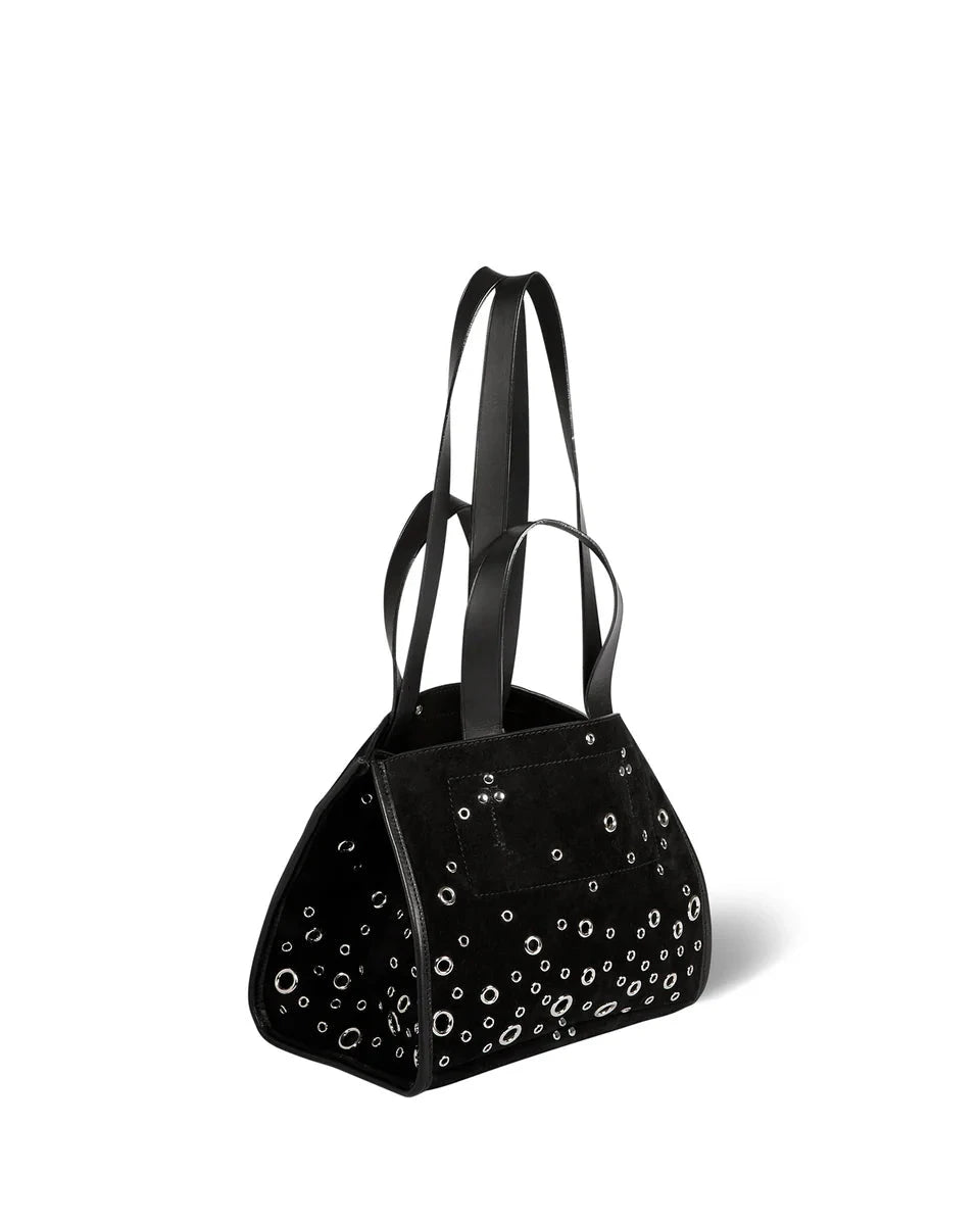 Black handbag with decorative elements on a white background