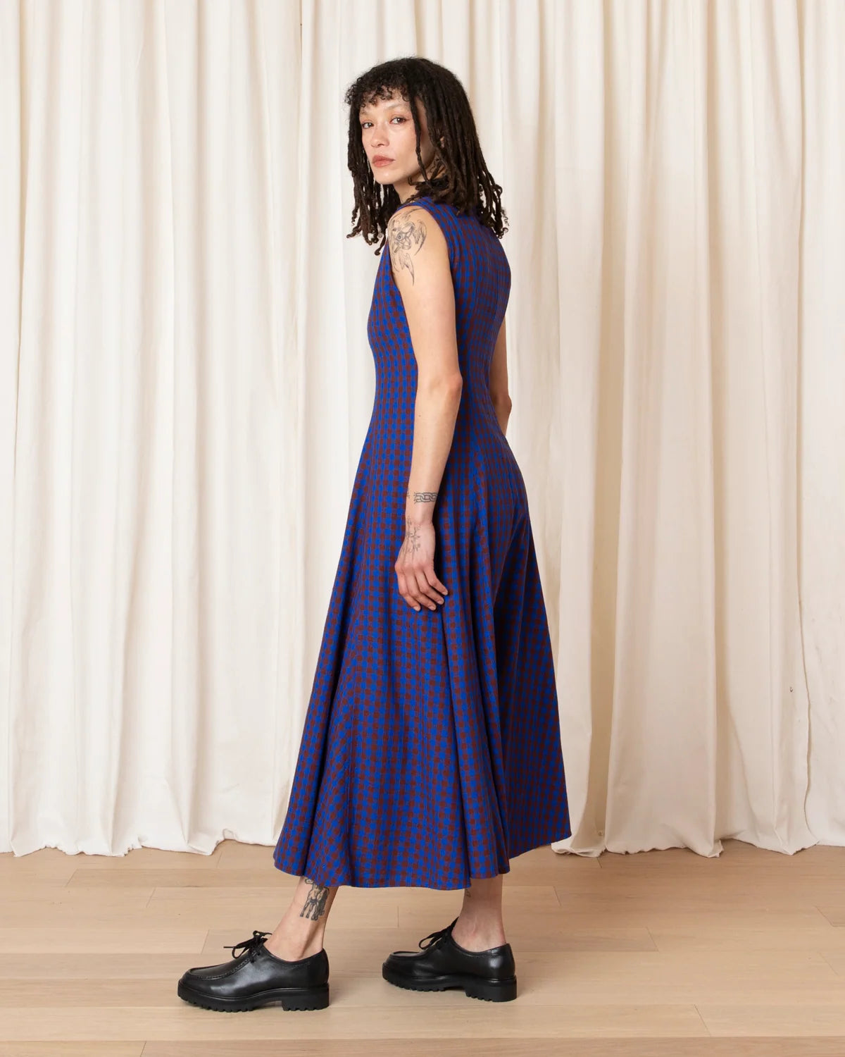Ali Golden Paneled Midi Dress In Rust/Cobalt Gingham