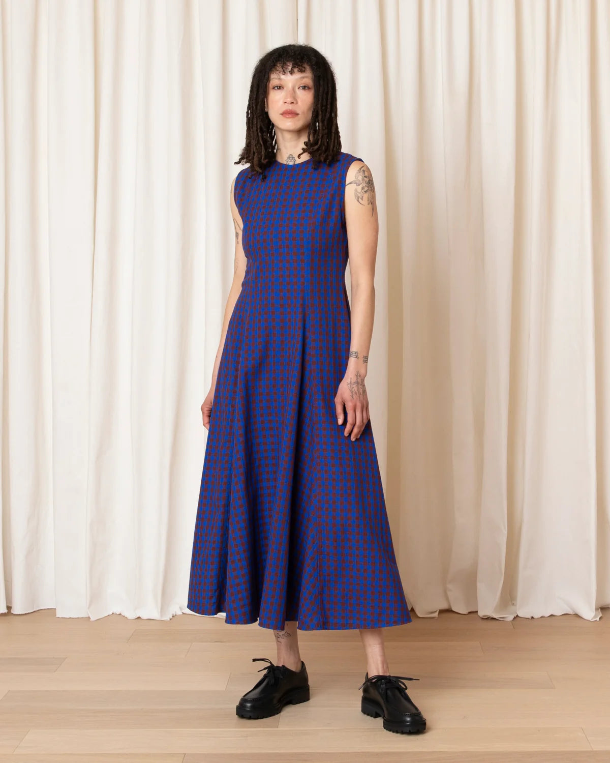 Ali Golden Paneled Midi Dress In Rust/Cobalt Gingham