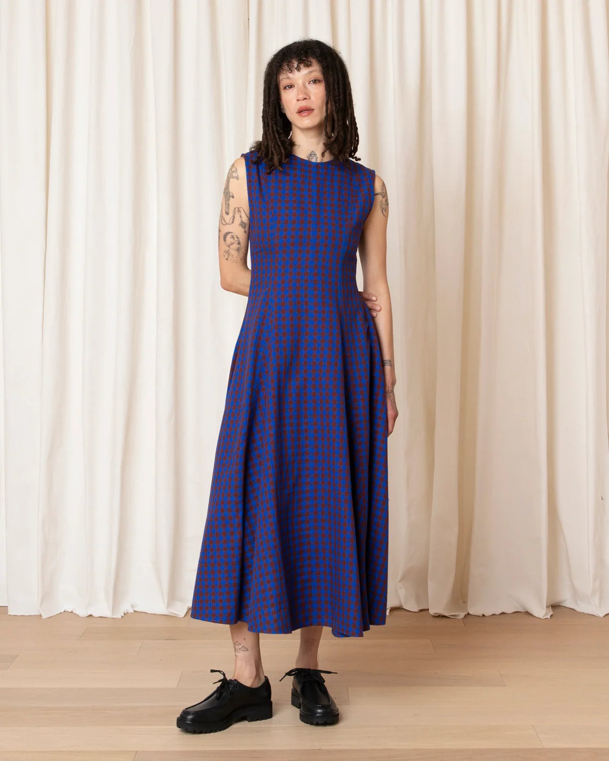 Ali Golden Paneled Midi Dress In Rust/Cobalt Gingham