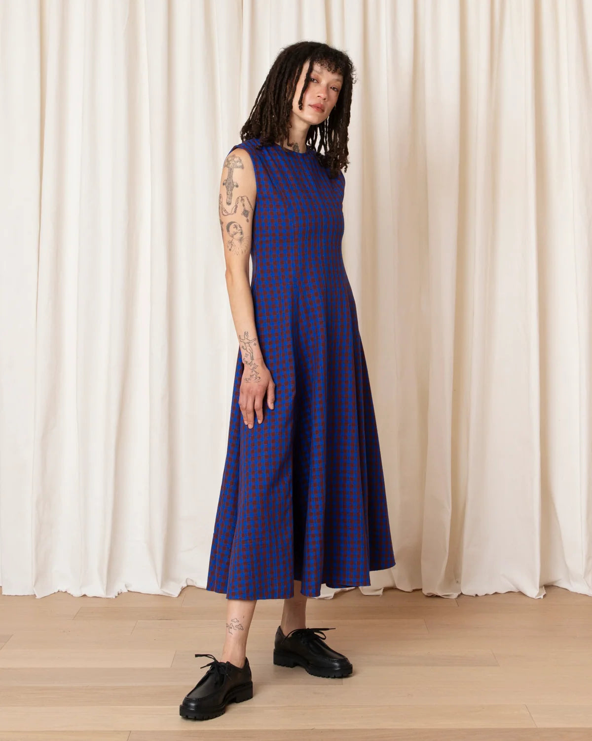 Ali Golden Paneled Midi Dress In Rust/Cobalt Gingham