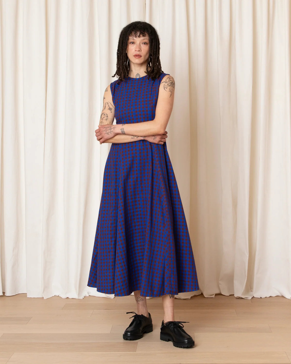Ali Golden Paneled Midi Dress In Rust/Cobalt Gingham