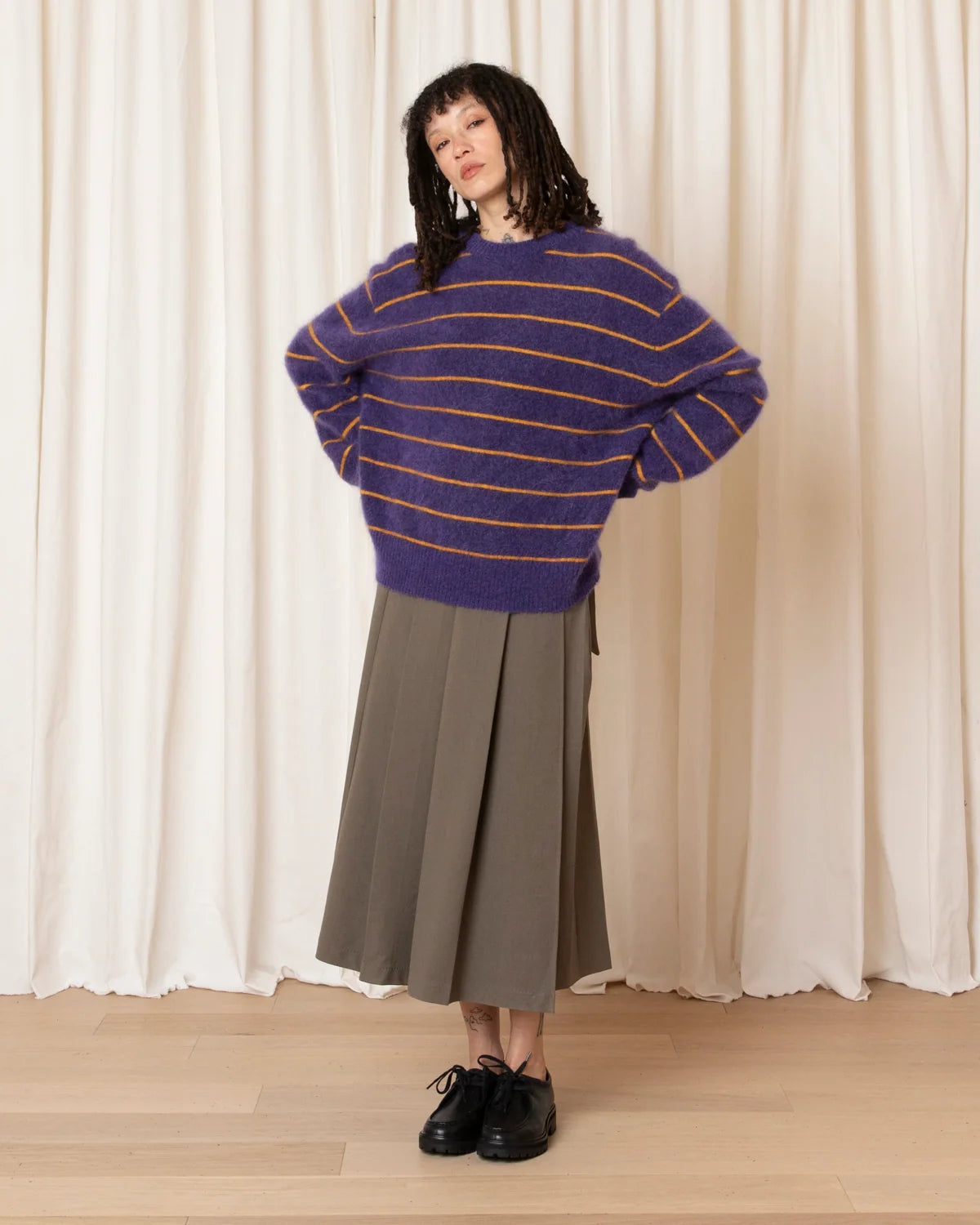 Ali Golden Oversized Mohair Pullover In Purple/Marigold Stripe