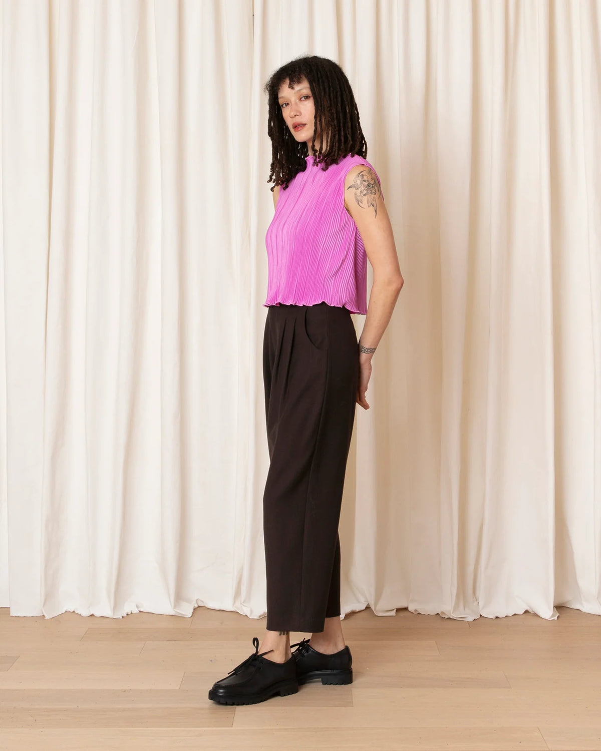 Ali Golden High Neck Pleated Tank In Pink