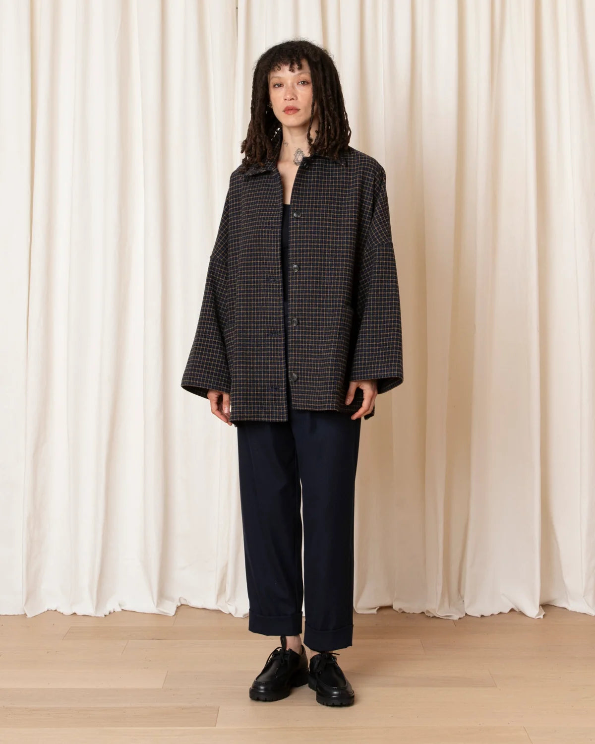 Ali Golden Oversized Lined Shirt Jacket In Marigold/Navy Plaid