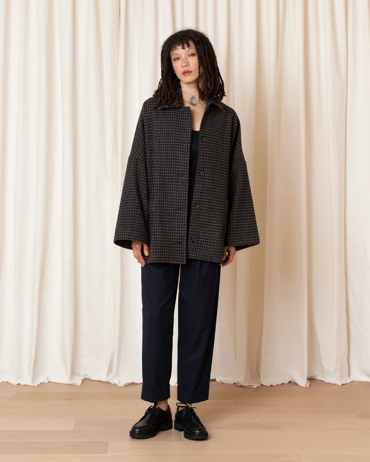 Ali Golden Oversized Lined Shirt Jacket In Marigold/Navy Plaid