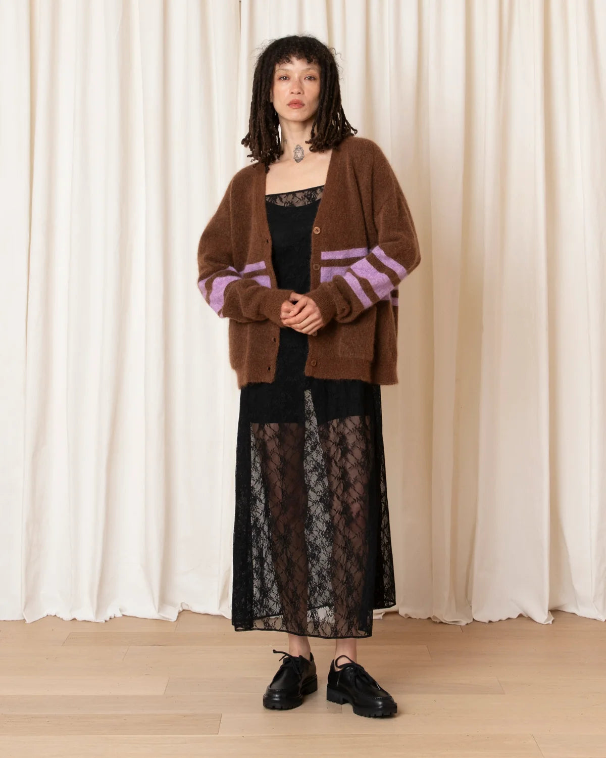 Ali Golden Oversized Mohair Cardigan In Copper/Lilac Stripe