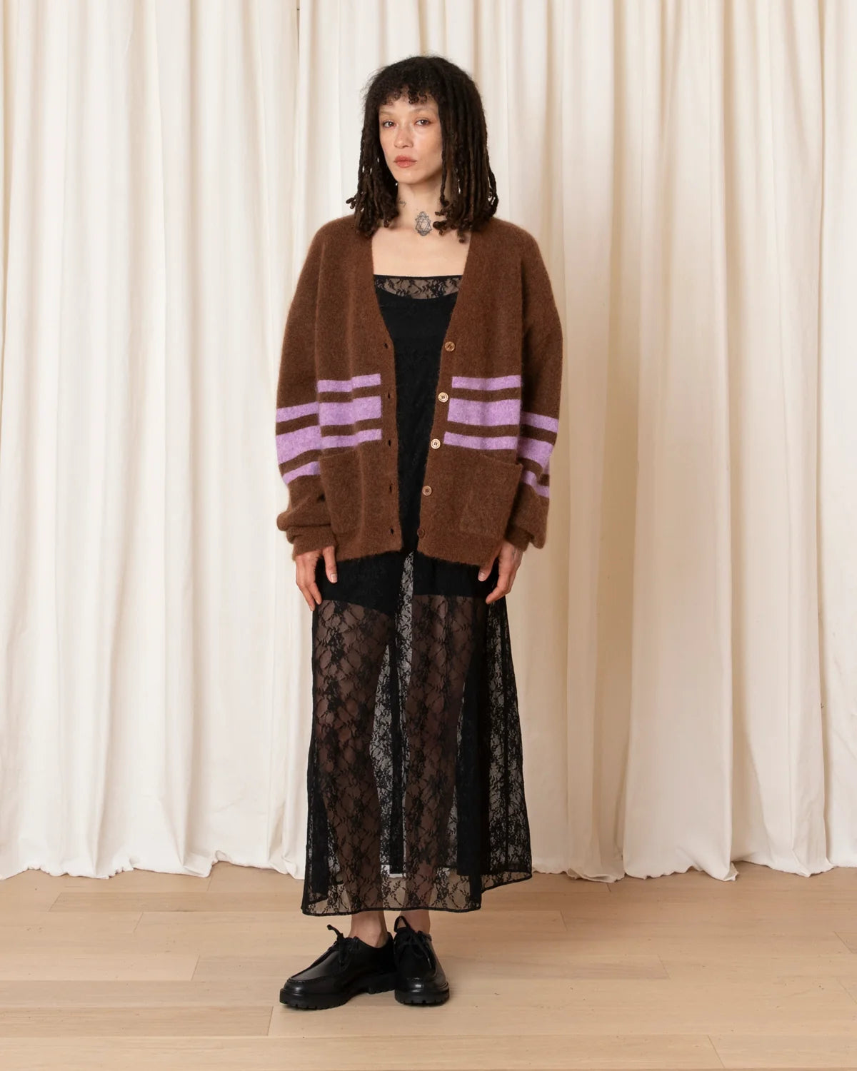 Ali Golden Oversized Mohair Cardigan In Copper/Lilac Stripe