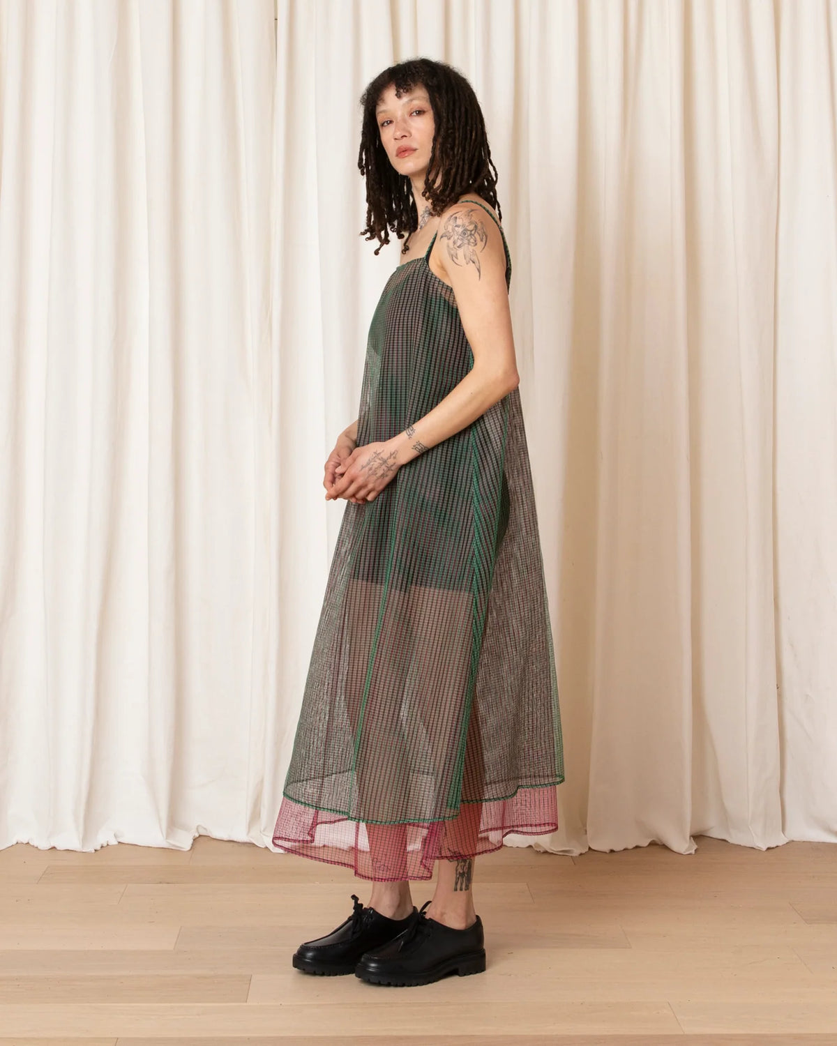 Ali Golden Layered Square Neck Full Dress in Green/Pink Check