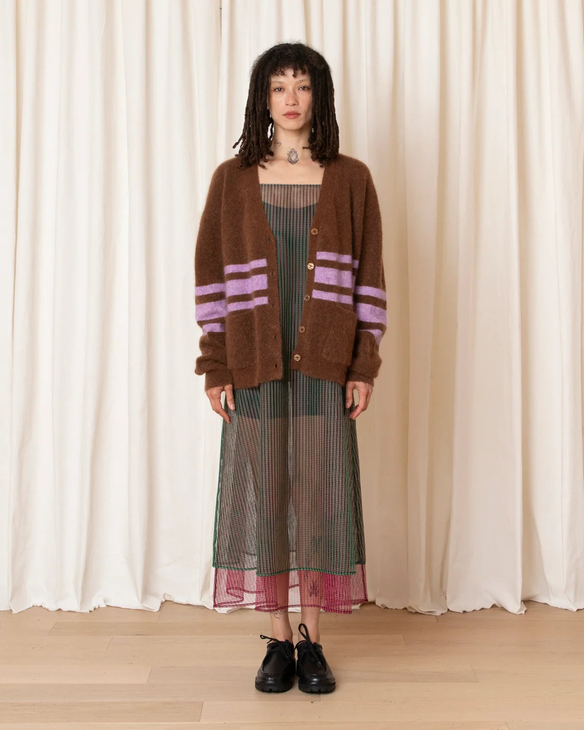 Ali Golden Layered Square Neck Full Dress in Green/Pink Check