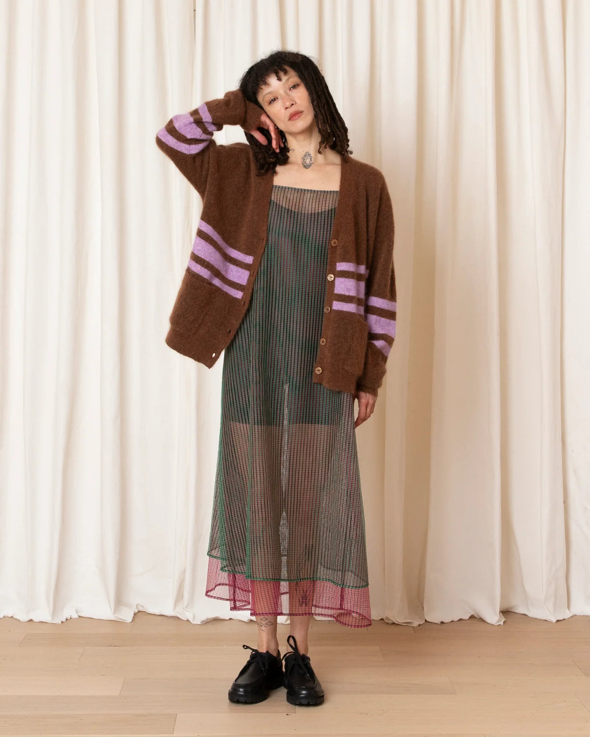 Ali Golden Layered Square Neck Full Dress in Green/Pink Check