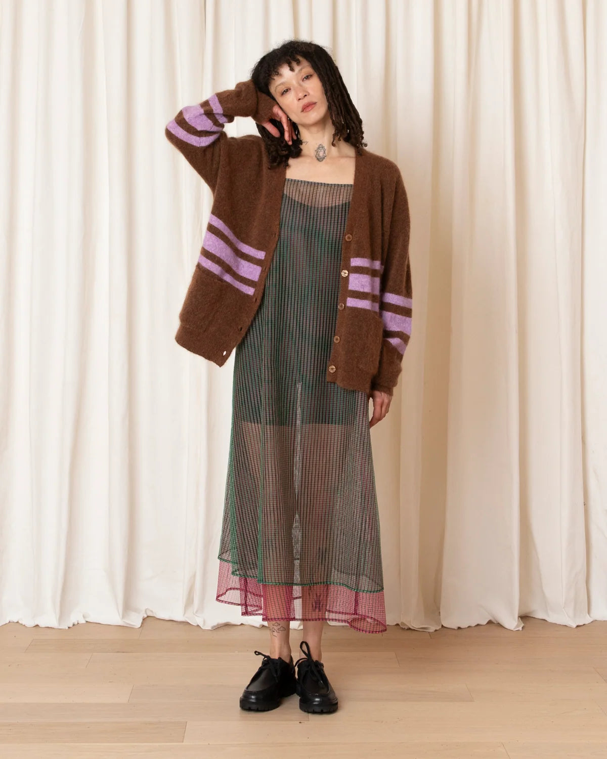 Ali Golden Layered Square Neck Full Dress in Green/Pink Check