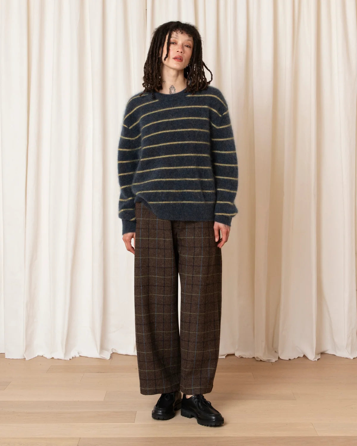 Ali Golden Oversized Mohair Pullover In Ocean/Ochre Stripe