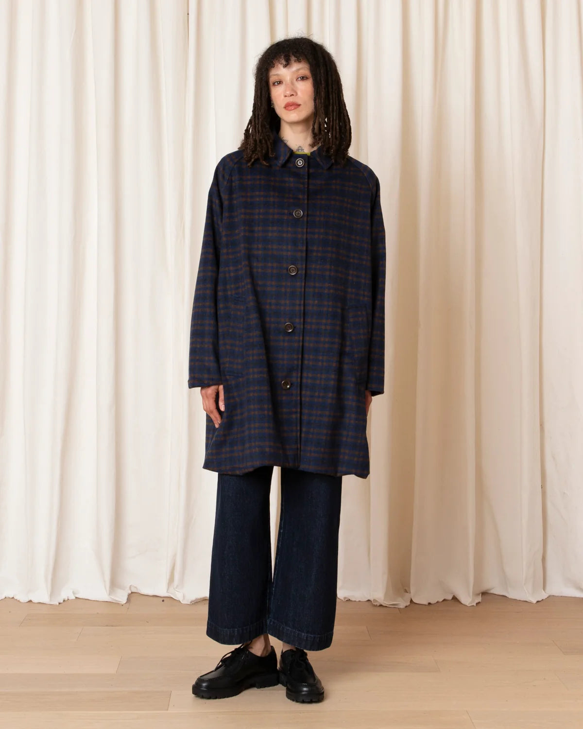 Ali Golden Short Trench (Lined) in Copper Blue Plaid