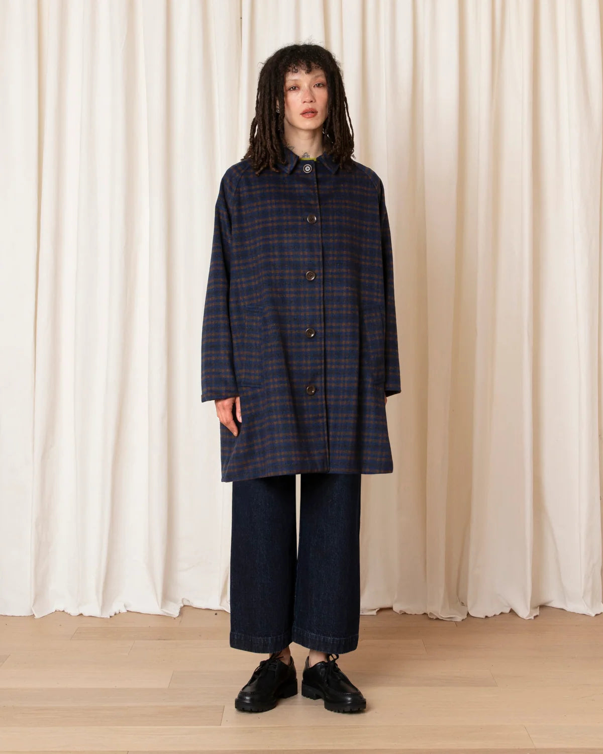 Ali Golden Short Trench (Lined) in Copper Blue Plaid