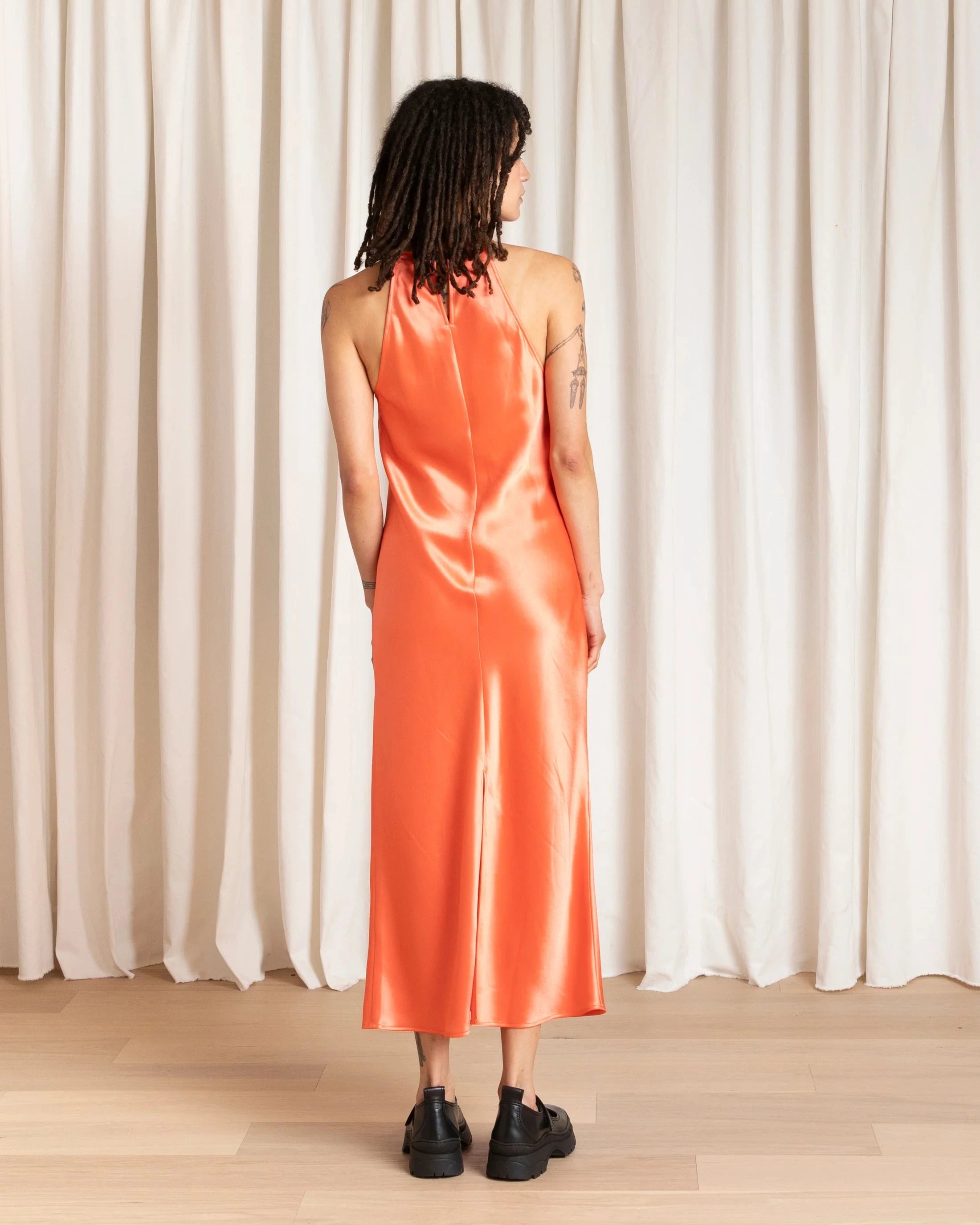 Ali Golden High Neck Bias Dress In Neon Orange